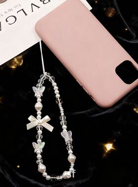 ins风手机链女创意蝴蝶结白色仿珍珠手机挂件小众设计感包包配件