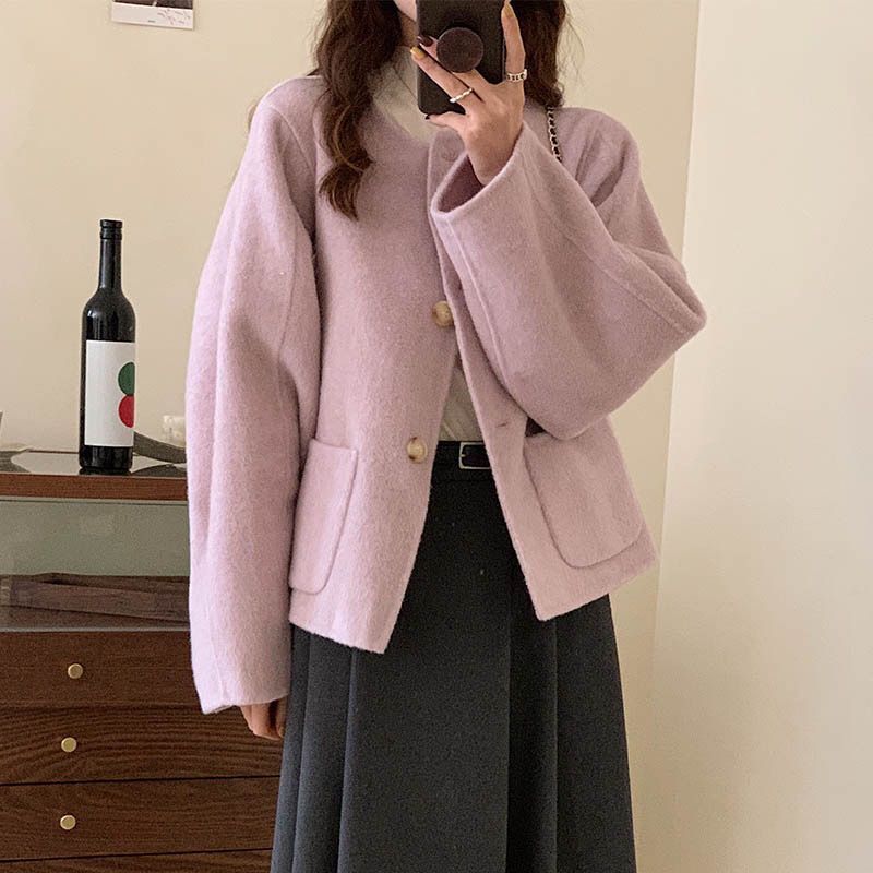 高级感粉色呢子大衣女秋冬装新款韩版小个子短款毛呢外套今年流行