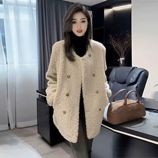 大码女装秋冬季小香风仿羊羔毛外套女款胖mm皮毛一体加厚棉服上衣
