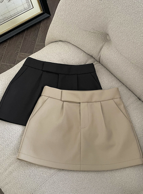 FASC自制 秋季卡其色短裙女 黑色西装A字半身裙高腰辣妹裙裤短裙