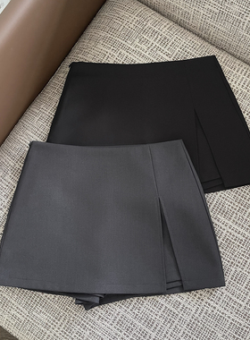 FASC自制 半身裙女秋辣妹A字裙高腰显瘦开叉灰色西装裙女黑色短裙
