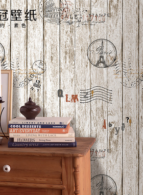 美式复古壁纸 印章铁塔 白色木纹 儿童房 文艺青年卧室酒吧壁纸