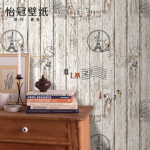美式复古白色木纹儿童房酒吧壁纸