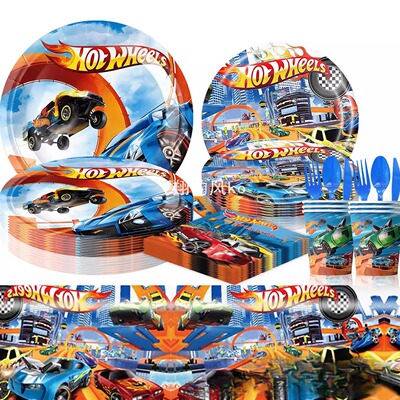 新款风火轮hot wheels主题派对用品生日装饰餐具用品横幅纸巾桌布