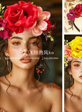 新款仿真花朵头饰狂欢节头箍道具夸张艳丽玫瑰花发箍时尚森系