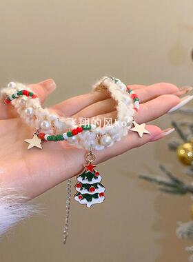 圣诞节圣诞树吊坠毛绒choker项链女锁骨毛衣链秋冬搭配装饰配饰