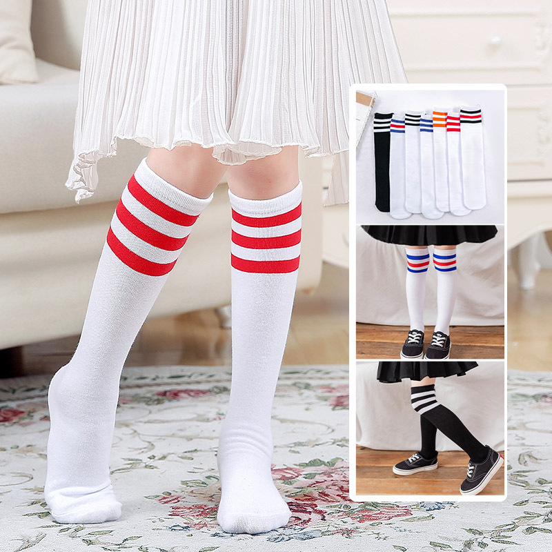 儿童长筒袜男女通用学生运动足球篮球纯棉中筒幼儿园拍照白袜红条