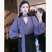 欣欣精选 雪纺格子系带领排扣衬衣网红长袖 2025新款 秋装 衣 法式