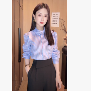 刘欣F店 红蓝条纹 娃娃领长袖衬衫S453