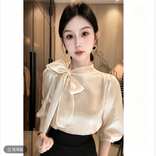 刘欣G店 香槟色 夏款蝴蝶结中袖上衣S359（衣长56cm）