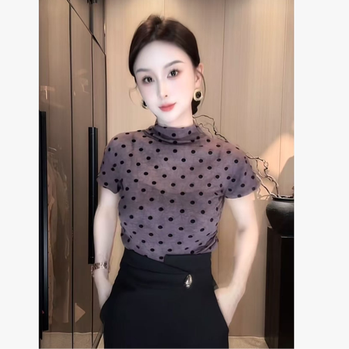 刘欣G店 波点半高领短袖微透上衣S321