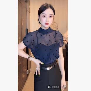 刘欣C店 夏装新款减龄显瘦上衣洋气百搭微透气质时尚短袖上衣9102