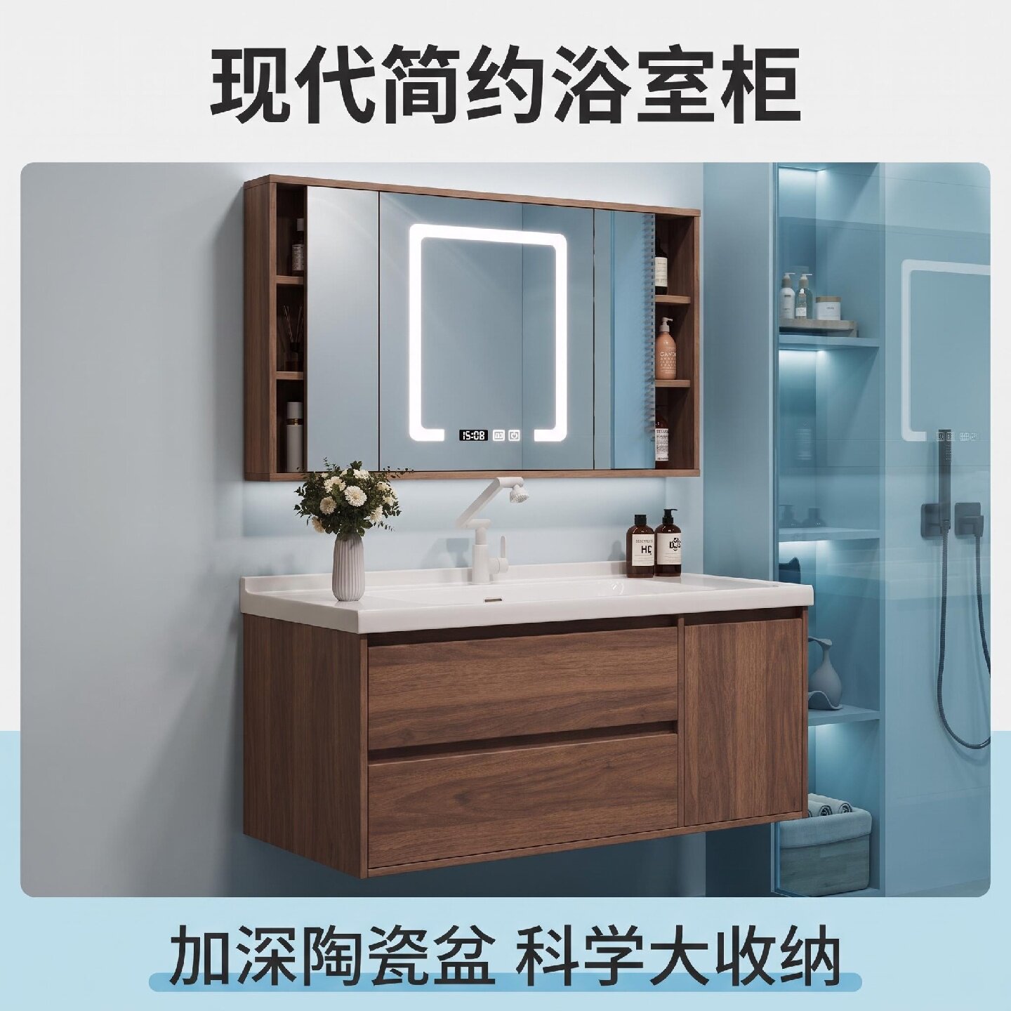 中古风折叠翻转风水镜浴室柜组合陶瓷一体洗手盆洗脸盆卫生间洗漱