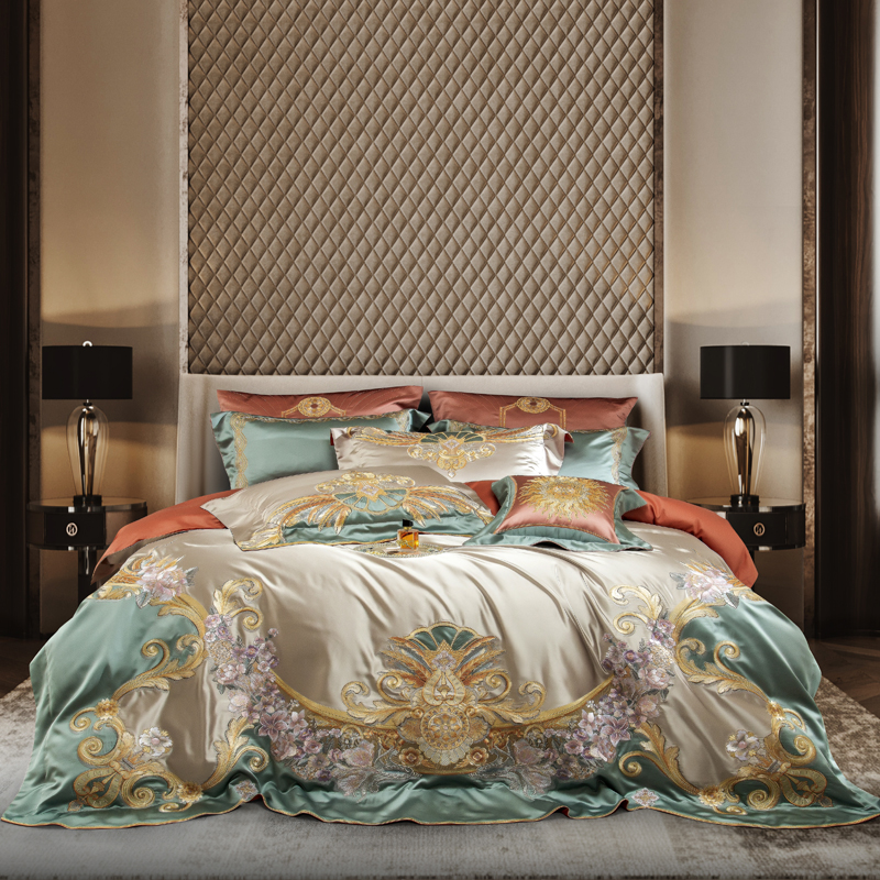 高精密绣花十件套真丝棉床盖别墅