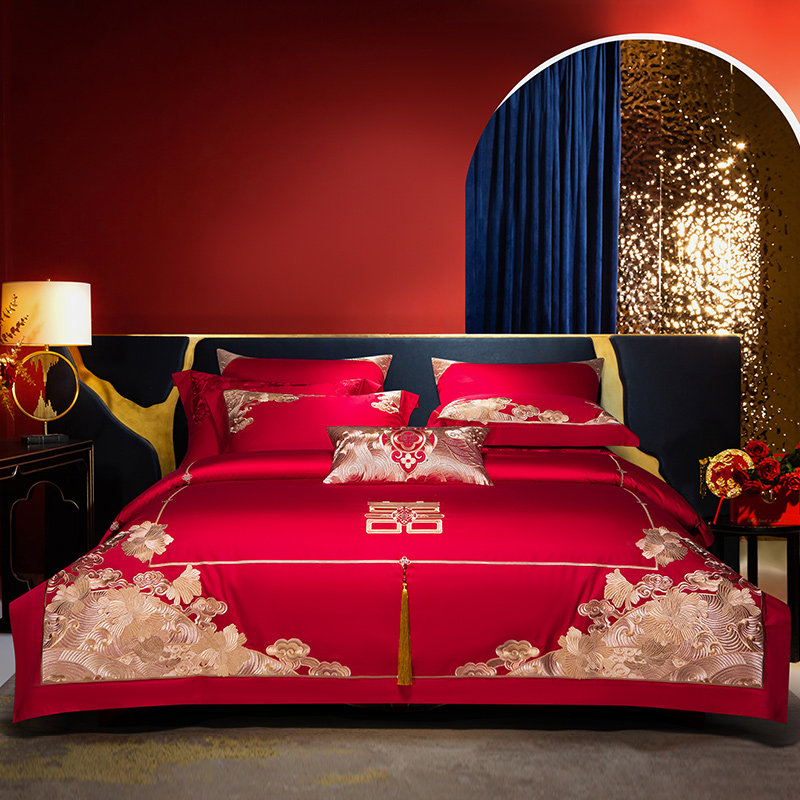 高端婚庆红色160支锦缎纯棉四件套全棉喜字刺绣新婚1.8米床上用品,床上用品,婚庆床品套件,淘宝优惠券,粉丝福利购,淘宝优惠卷