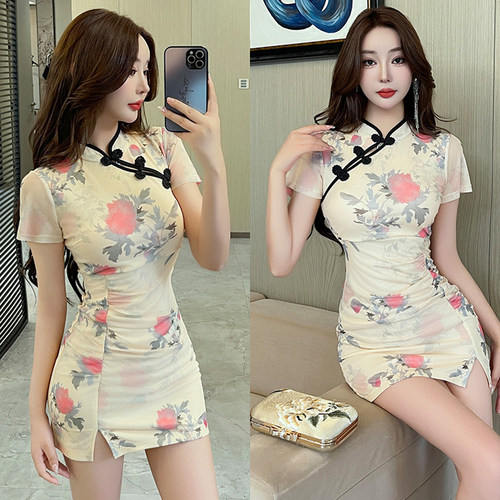 复古国风旗袍短款茶艺技师包臀裙