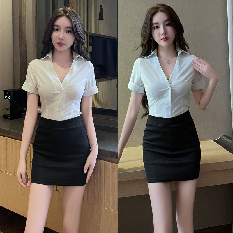 夏季女士衬衫美容院养生馆性感v领制服收腰遮肚新款技师职业套装