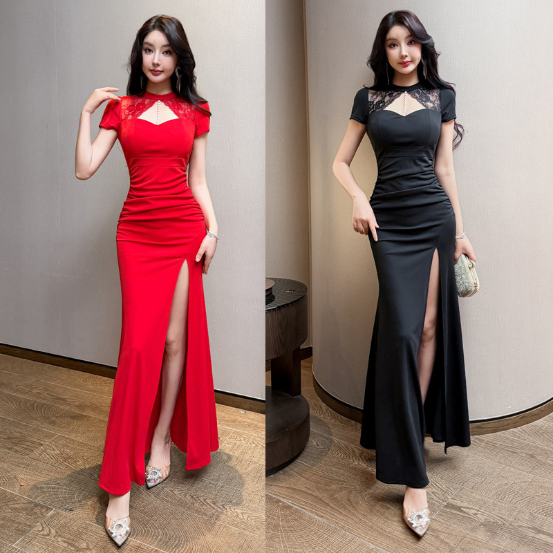 娱乐会所性感镂空蕾丝设计技师柔式连衣裙短袖桑拿包臀佳丽长礼服