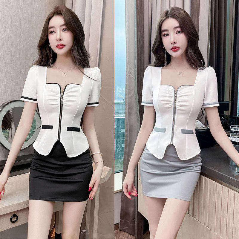 酒店前台按摩夏季短袖气质遮肚性感低胸包臀裙美容院spa技师工服