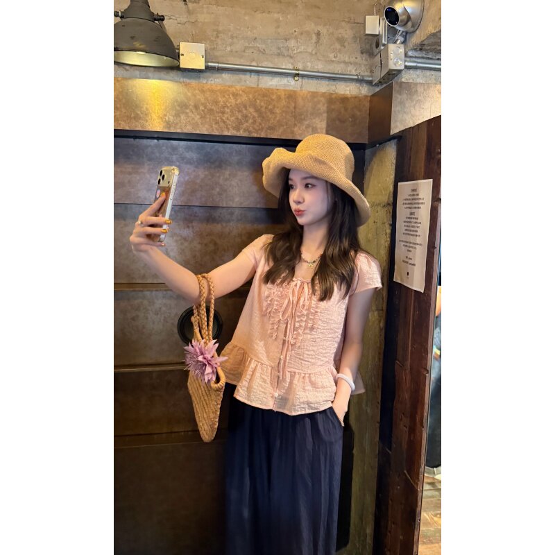【粉粉桃花】夏季韩系甜美风木耳边系带衬衫女