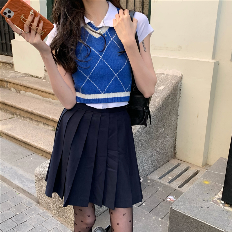 實拍實價 美式復古撞色菱格針織背心馬甲+T恤