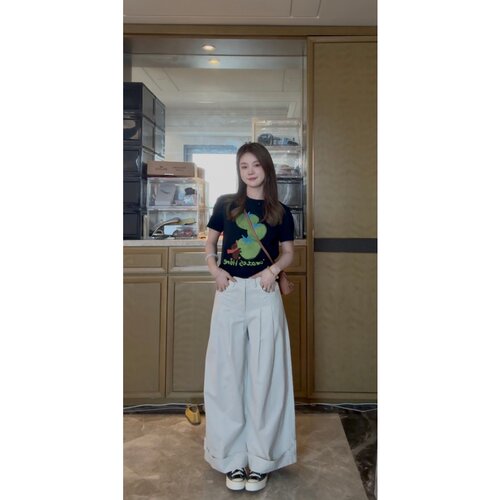 夏季时尚百搭慵懒风折边阔腿九分休闲女裤