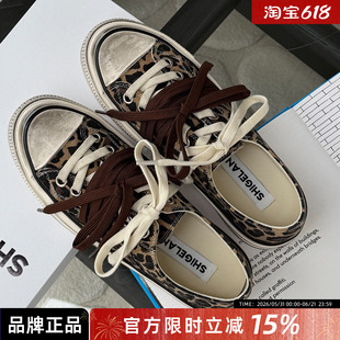 诗歌兰2026新款豹纹做旧帆布鞋韩版复古厚底系带低帮休闲板鞋百搭
