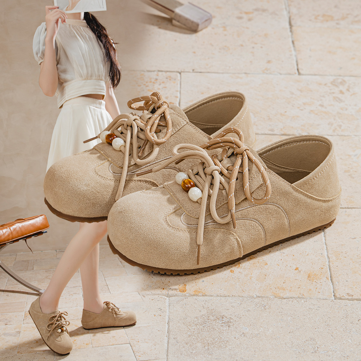 复古时尚串珠全包勃肯鞋女鞋舒适休闲圆头单鞋A750238124