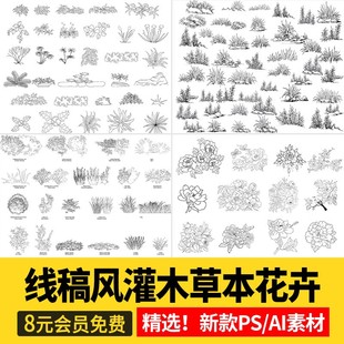 线稿风ps灌木草本花卉树叶植物立面平面图PSD分层设计素材矢量图