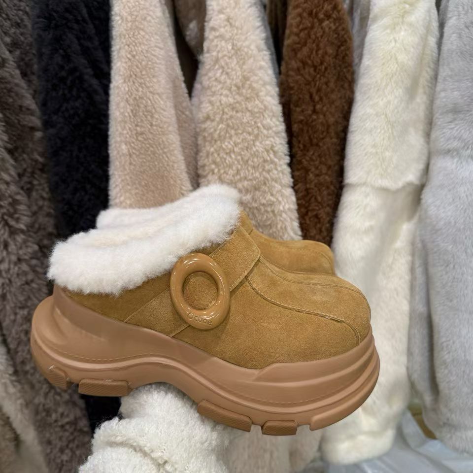 欧洲站厚底皮毛一体包头半拖