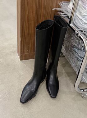 全牛皮真皮长靴粗跟复古尖头直筒靴女2025冬季加绒黑色高筒骑士靴