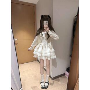 杰西伍韩系温柔风甜美长袖开衫外套+蝴蝶结蓬蓬蛋糕连衣裙两件套