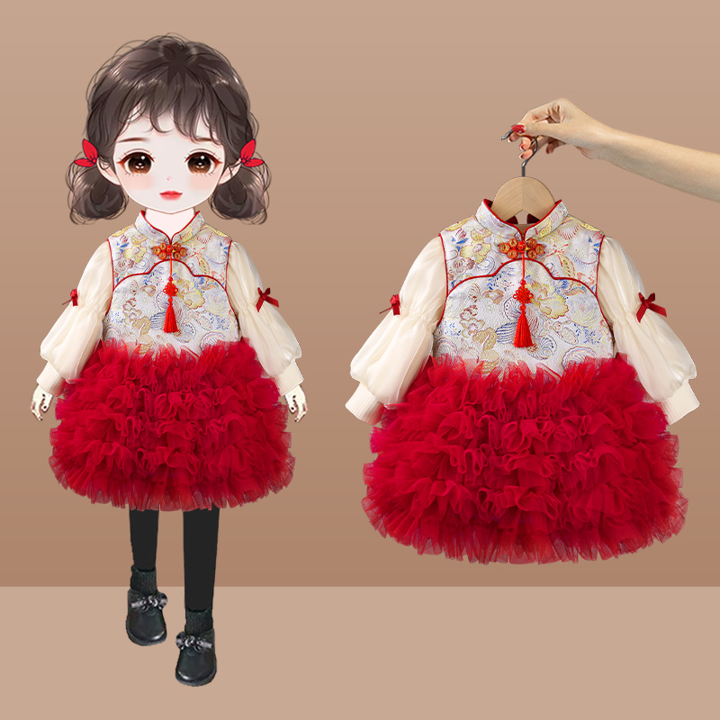 女宝宝秋冬汉服旗袍马甲套装