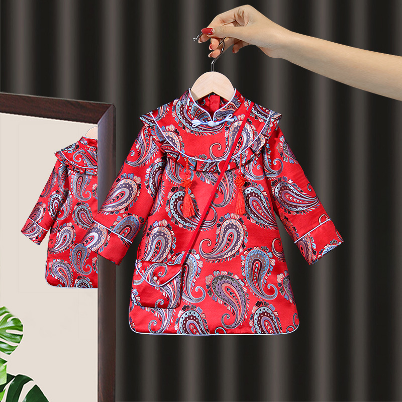 女童唐装春秋童装宝宝抓周岁礼服裙高级感红色中国风古风裙子长袖