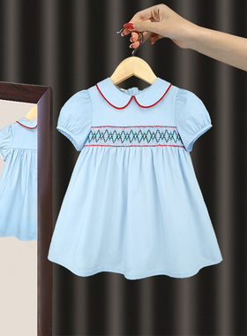 【反季特价】女童夏季连衣裙宝宝公主裙纯棉洋气儿童夏装蓝色短袖