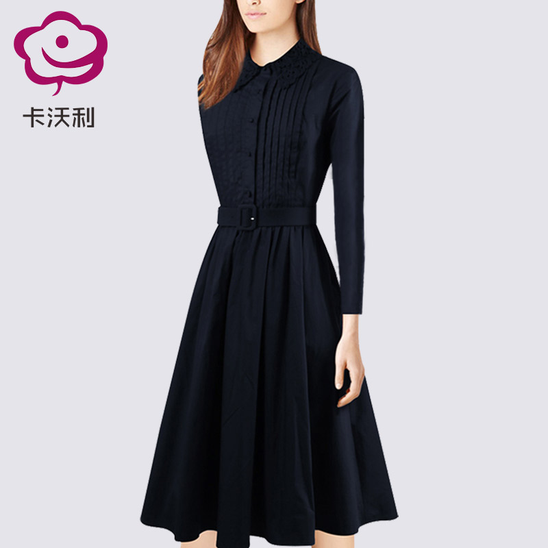 高端时尚气质连衣裙2026春装新款长袖修身显瘦春秋衬衣裙子中长款