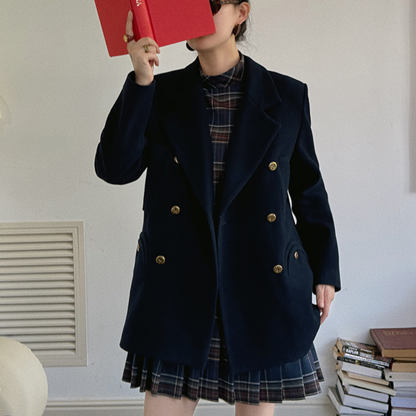 时髦经典款 法式复古梯形翻领双排扣高支羊毛半月西装外套