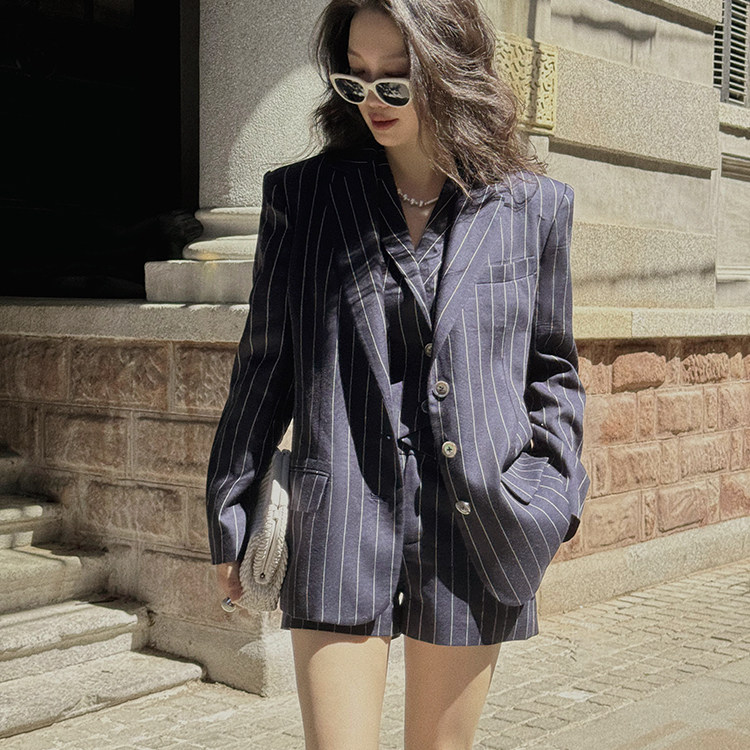 断码 老钱套装 法式复古简约天丝亚麻条纹西装外套+马夹