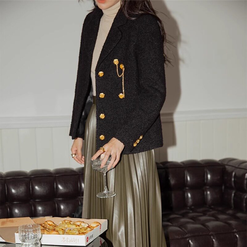 TOP法式复古纯色羊毛混纺套装