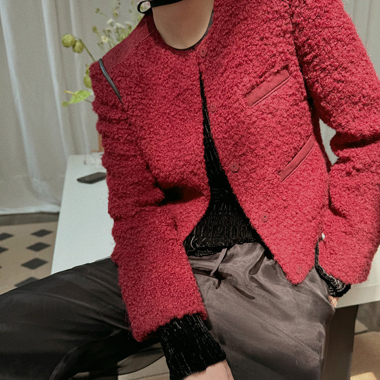 浪漫高雅法式优雅香风安可拉红羊毛圈圈呢圆领长袖短外套女
