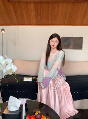 烟雾公子 紫色镂空马海毛针织衫春秋法式慵懒宽松薄圆领毛衣开衫