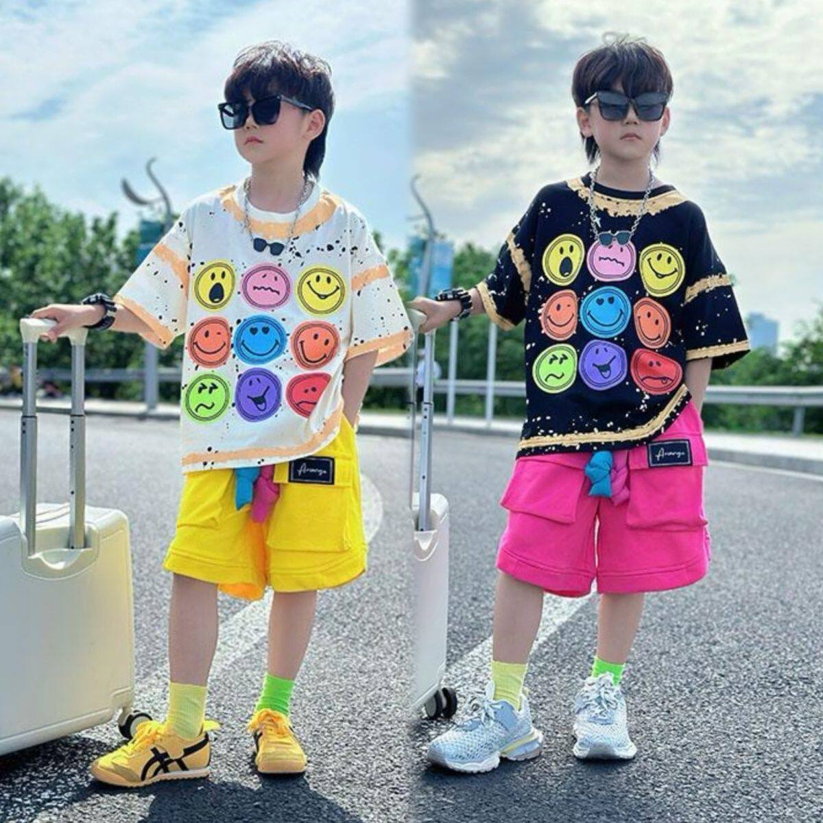 男童夏季套装2025新款儿童时尚潮流个性休闲短袖中大童帅气五分裤