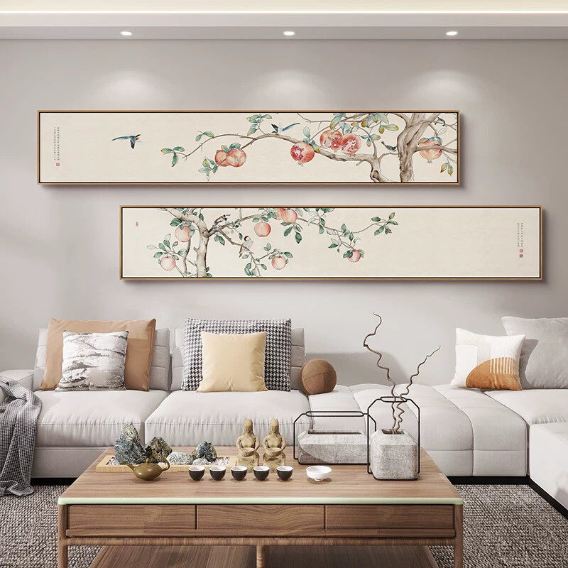 新中式客厅沙发背景墙装饰画茶室高档花鸟挂画主卧室床头横版墙画