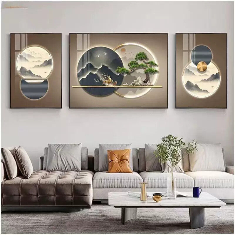 客厅沙发背景墙三联壁画山水画新中式装饰画轻奢高级感迎客松挂画