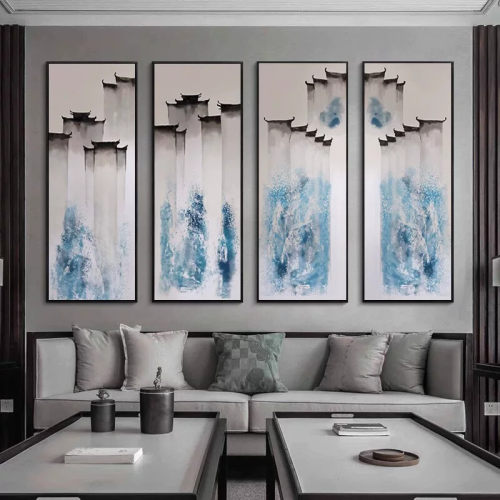 新中式客厅装饰画沙发背景墙挂画茶室书房禅意水墨画四联画玄关画