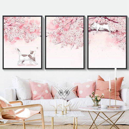 卧室装饰画饭厅挂画日式风格樱花猫咪卡通奶茶店小清新客厅墙壁画