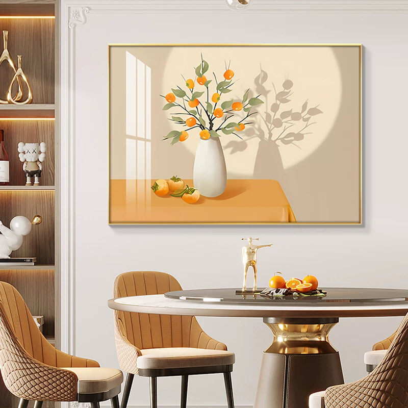餐厅装饰画柿柿如意2026新款现代简约饭厅挂画花瓶橙色新中式壁画