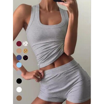 Twopiece Set Womens Solid Ribbed Crop Tank Top High Waist