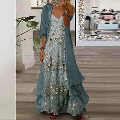 Womenss Casual 2 Piece Set Boho Floral Print Maxi Dress