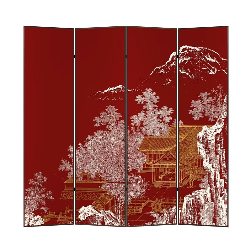 新中式正对门山水风景屏风装饰画别墅客厅大气浮雕四联屏风挂画